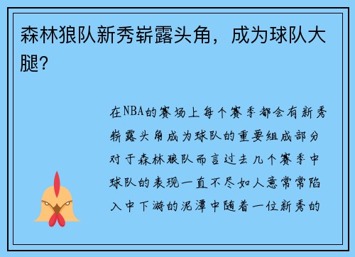 森林狼队新秀崭露头角，成为球队大腿？