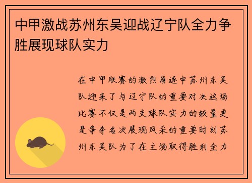 中甲激战苏州东吴迎战辽宁队全力争胜展现球队实力